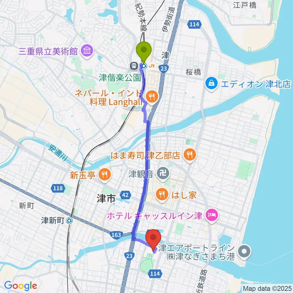 津駅から津球場公園内野球場へのルートマップ地図