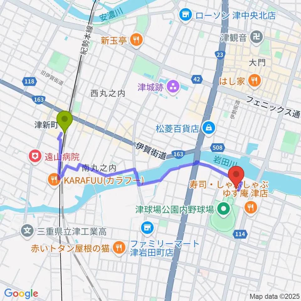津球場公園内野球場の最寄駅津新町駅からの徒歩ルート(約19分) MDATA 津球場公園内野球場の最寄駅津新町駅からの徒歩ルート(約19分) MDATA