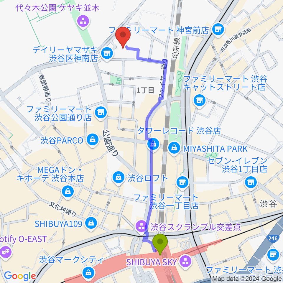 渋谷駅からDOG-STUDIOへのルートマップ地図