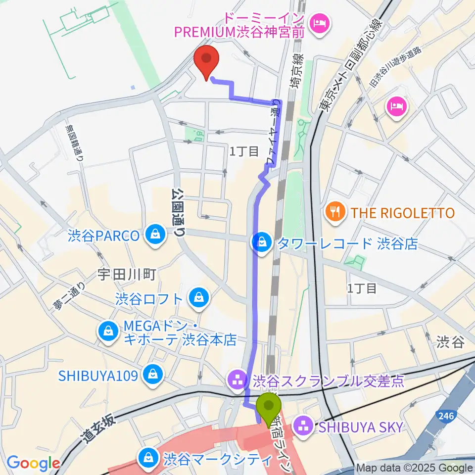 渋谷駅からDOG-STUDIOへのルートマップ地図
