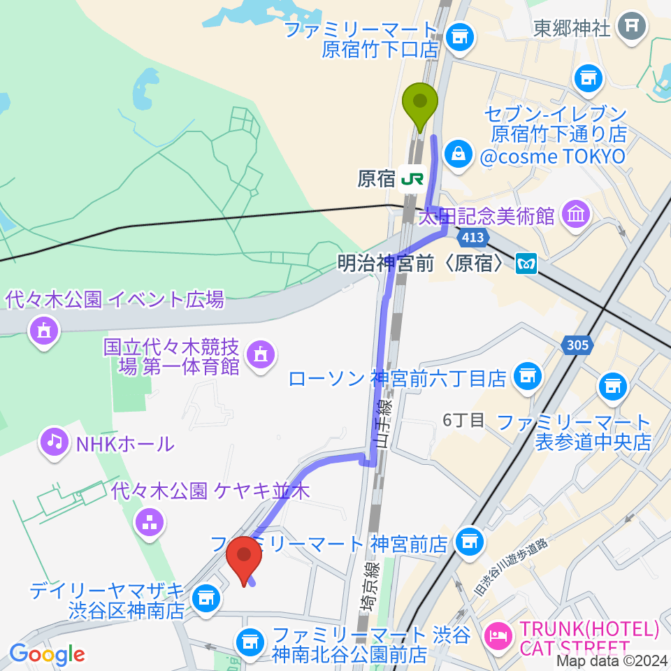 DOG-STUDIOの最寄駅原宿駅からの徒歩ルート（約11分）地図