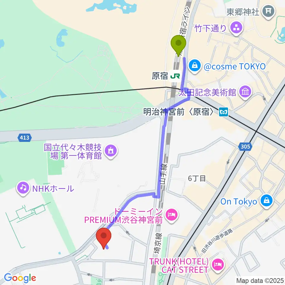 DOG-STUDIOの最寄駅原宿駅からの徒歩ルート（約11分）地図
