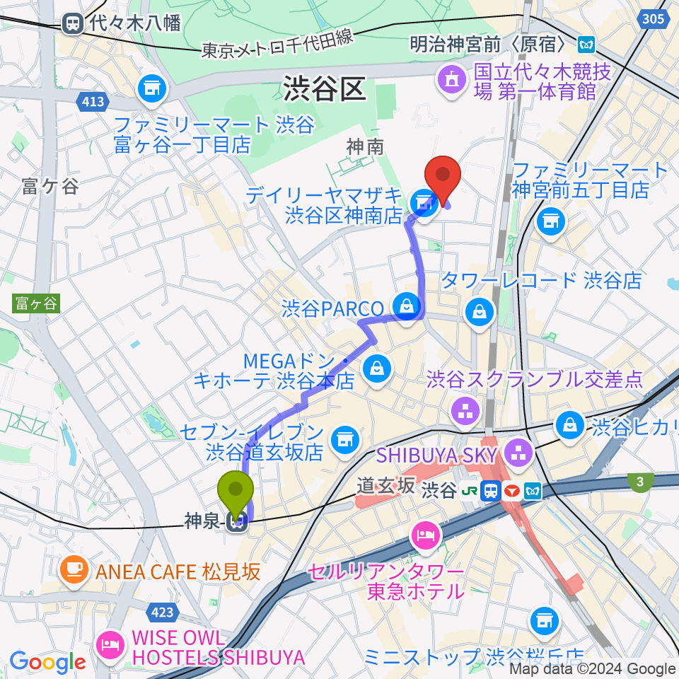 神泉駅からDOG-STUDIOへのルートマップ地図