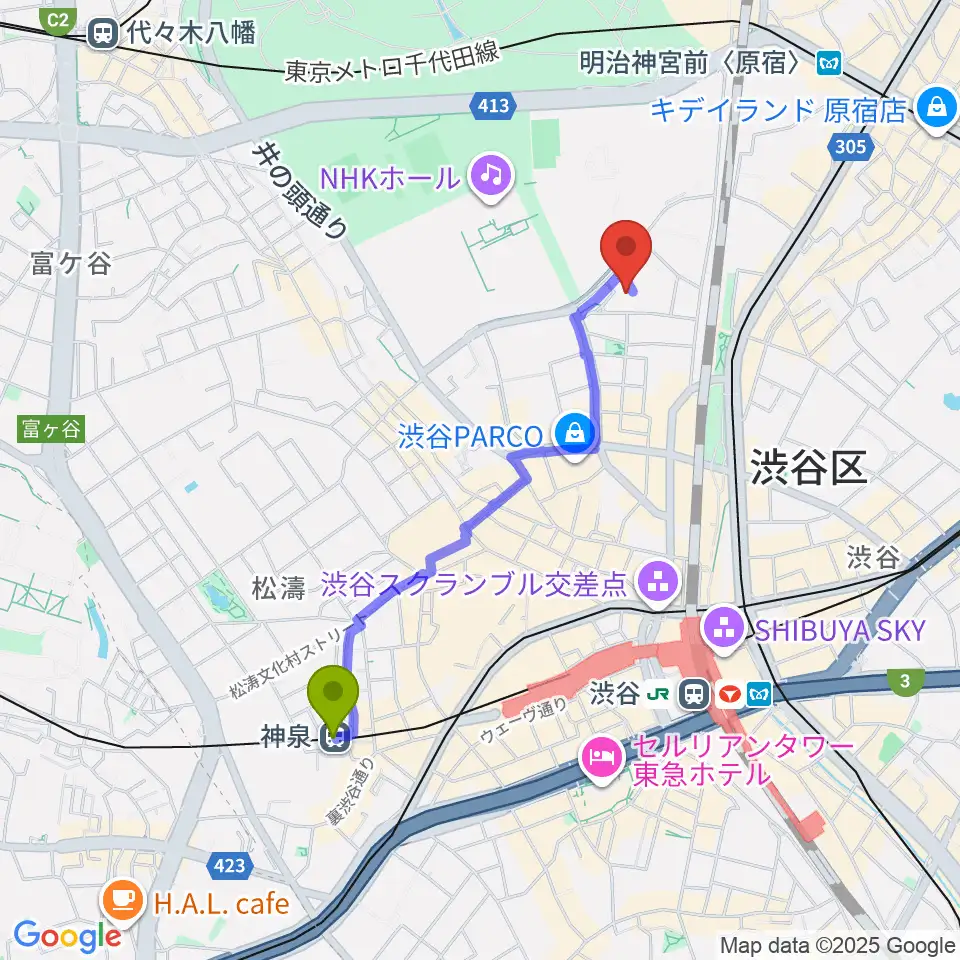 神泉駅からDOG-STUDIOへのルートマップ地図