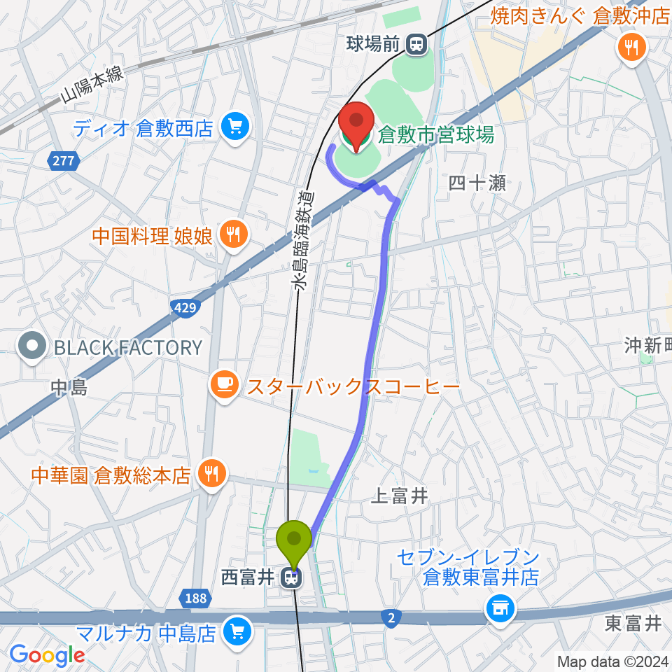 西富井駅から倉敷市営球場へのルートマップ地図