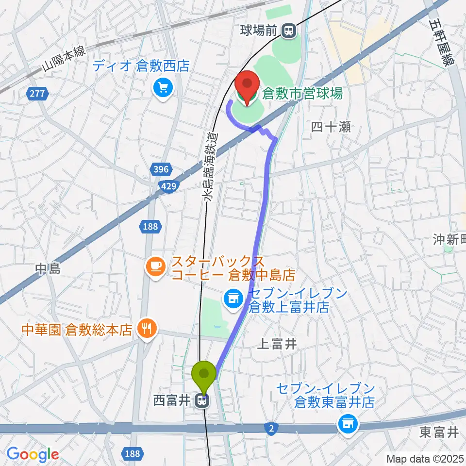 西富井駅から倉敷市営球場へのルートマップ地図