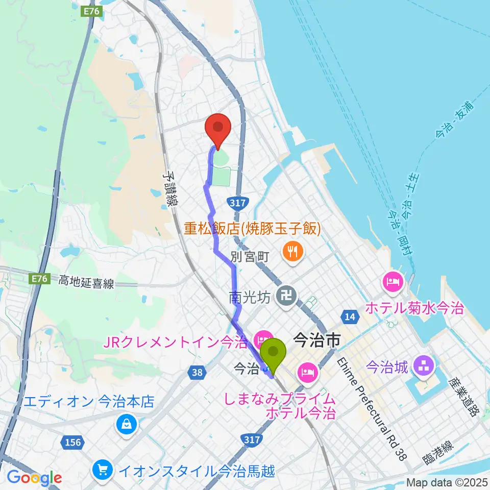 今治市営球場の最寄駅今治駅からの徒歩ルート（約30分）地図