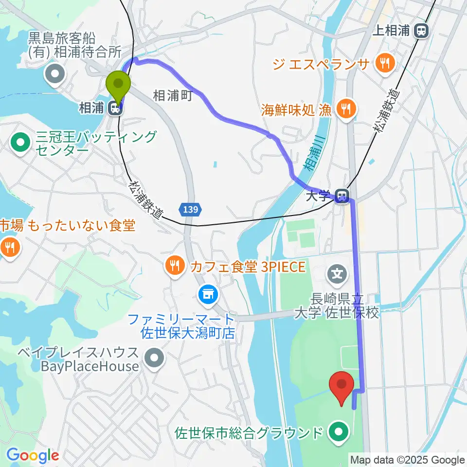 相浦駅から佐世保市総合グラウンド野球場へのルートマップ地図