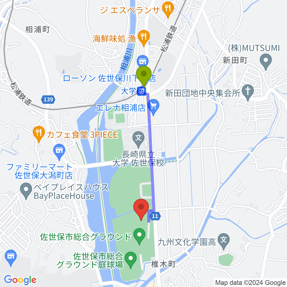 佐世保市総合グラウンド野球場の最寄駅大学駅からの徒歩ルート（約15分）地図