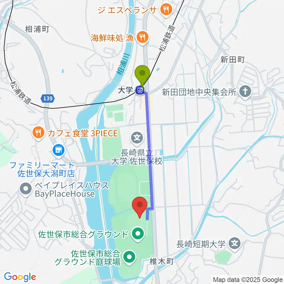 佐世保市総合グラウンド野球場の最寄駅大学駅からの徒歩ルート（約15分）地図