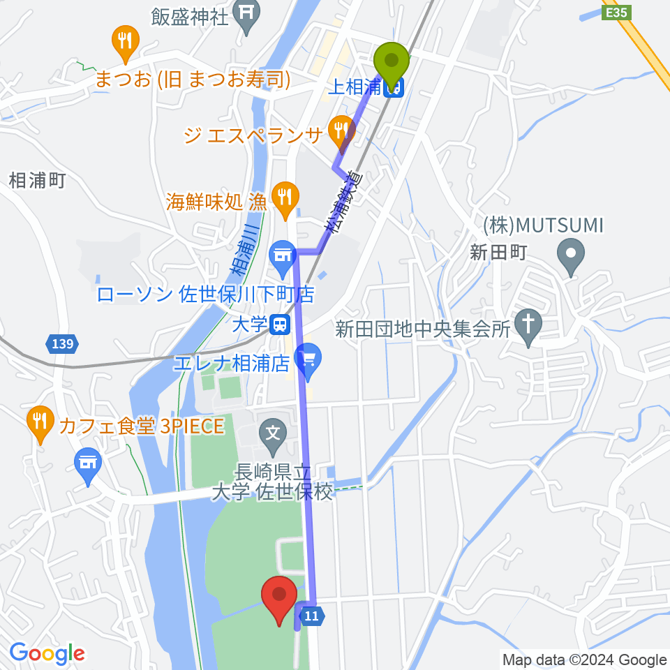 上相浦駅から佐世保市総合グラウンド野球場へのルートマップ地図