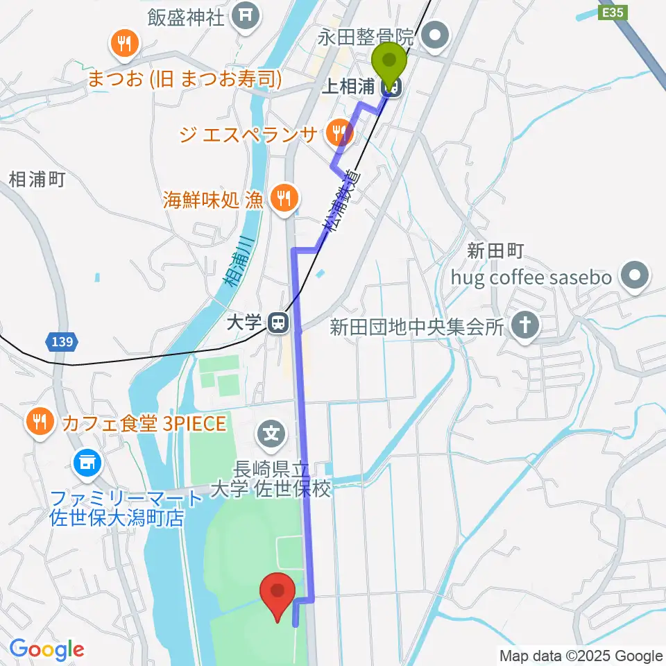 上相浦駅から佐世保市総合グラウンド野球場へのルートマップ地図