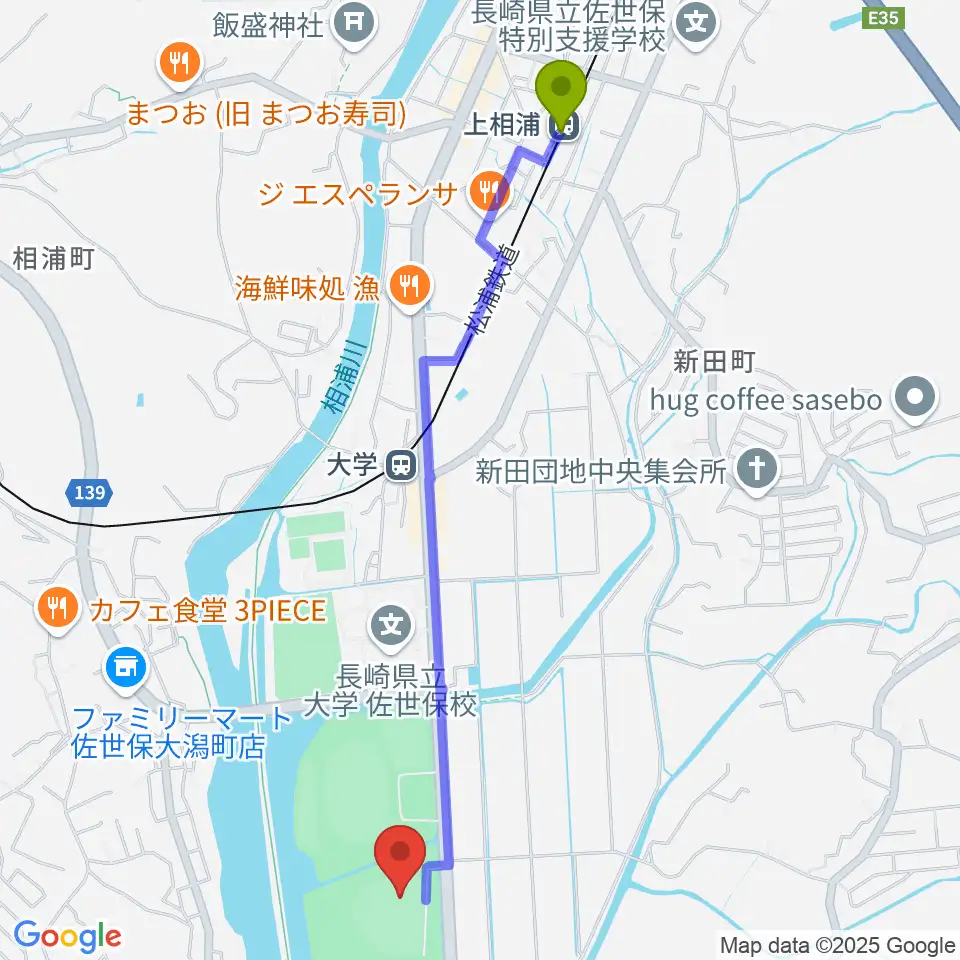 上相浦駅から佐世保市総合グラウンド野球場へのルートマップ地図