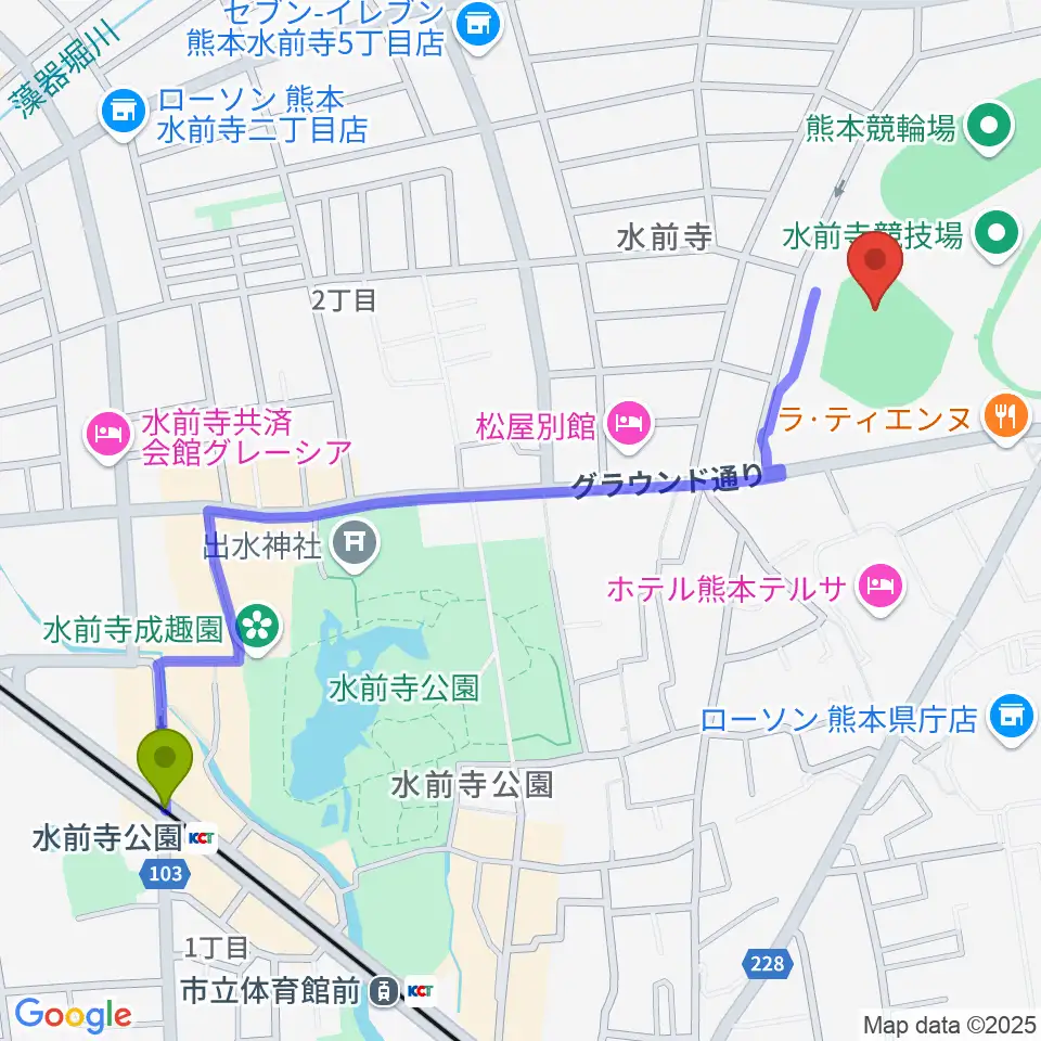 水前寺公園駅から熊本市水前寺野球場へのルートマップ地図