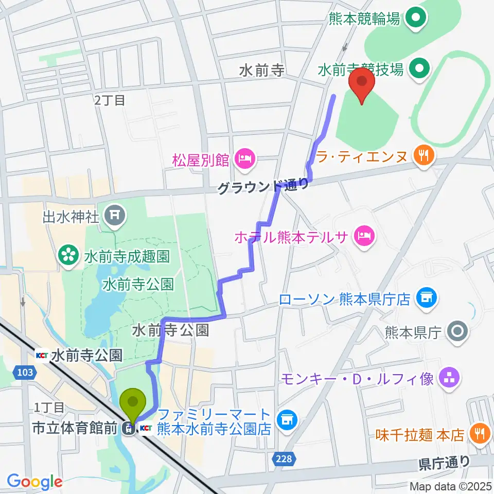 熊本市水前寺野球場の最寄駅市立体育館前駅からの徒歩ルート（約13分）地図