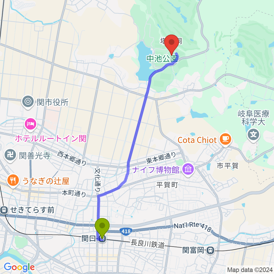 関口駅から河上薬品スタジアムへのルートマップ地図