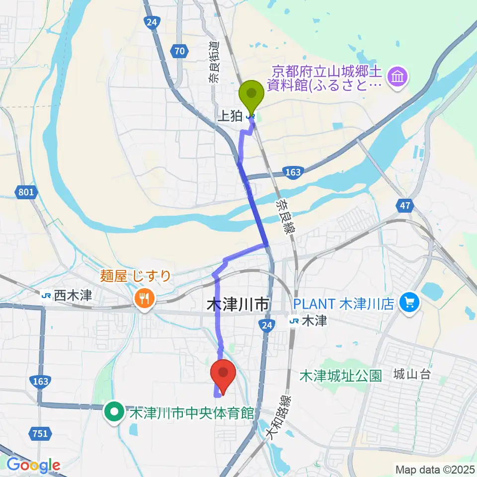 上狛駅から木津川市中央交流会館（いずみホール）へのルートマップ地図
