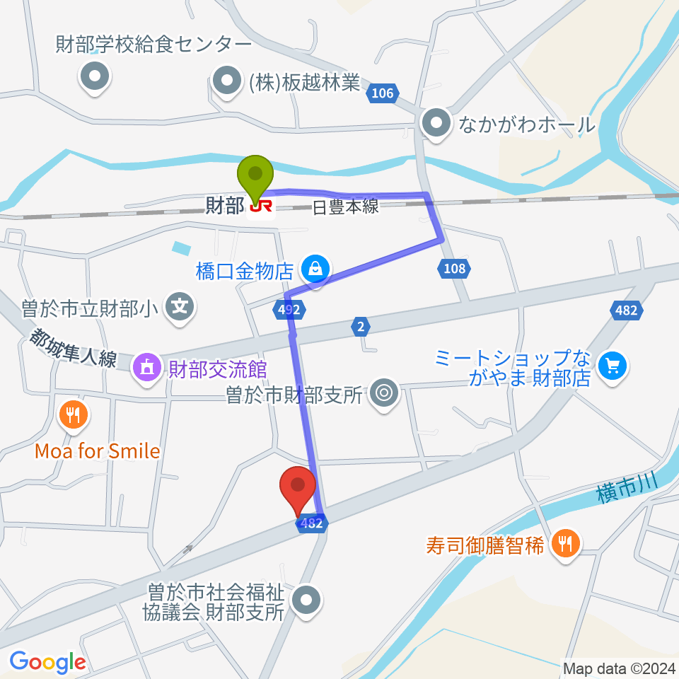 財部きらめきセンターの最寄駅財部駅からの徒歩ルート（約8分）地図