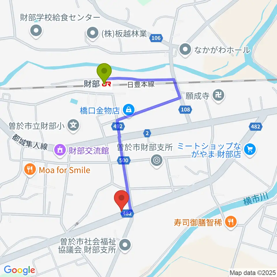 財部きらめきセンターの最寄駅財部駅からの徒歩ルート（約8分）地図