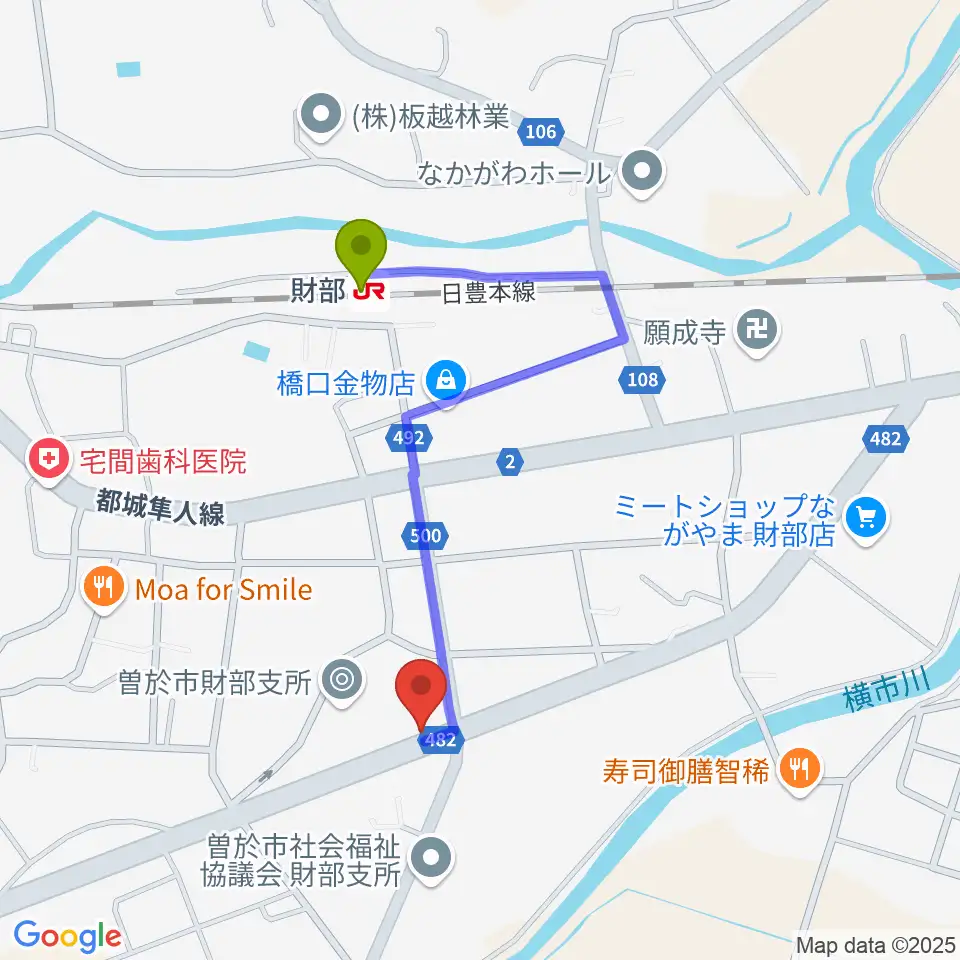 財部きらめきセンターの最寄駅財部駅からの徒歩ルート（約8分）地図