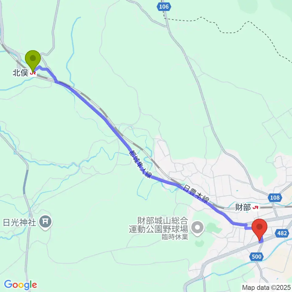 北俣駅から財部きらめきセンターへのルートマップ地図