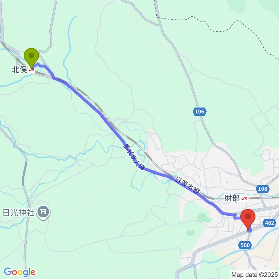 北俣駅から財部きらめきセンターへのルートマップ地図