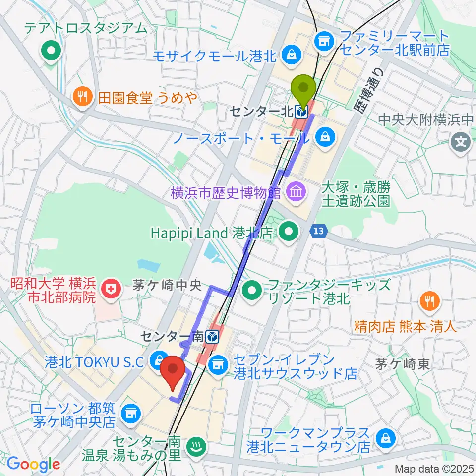 センター北駅から109シネマズ港北へのルートマップ地図