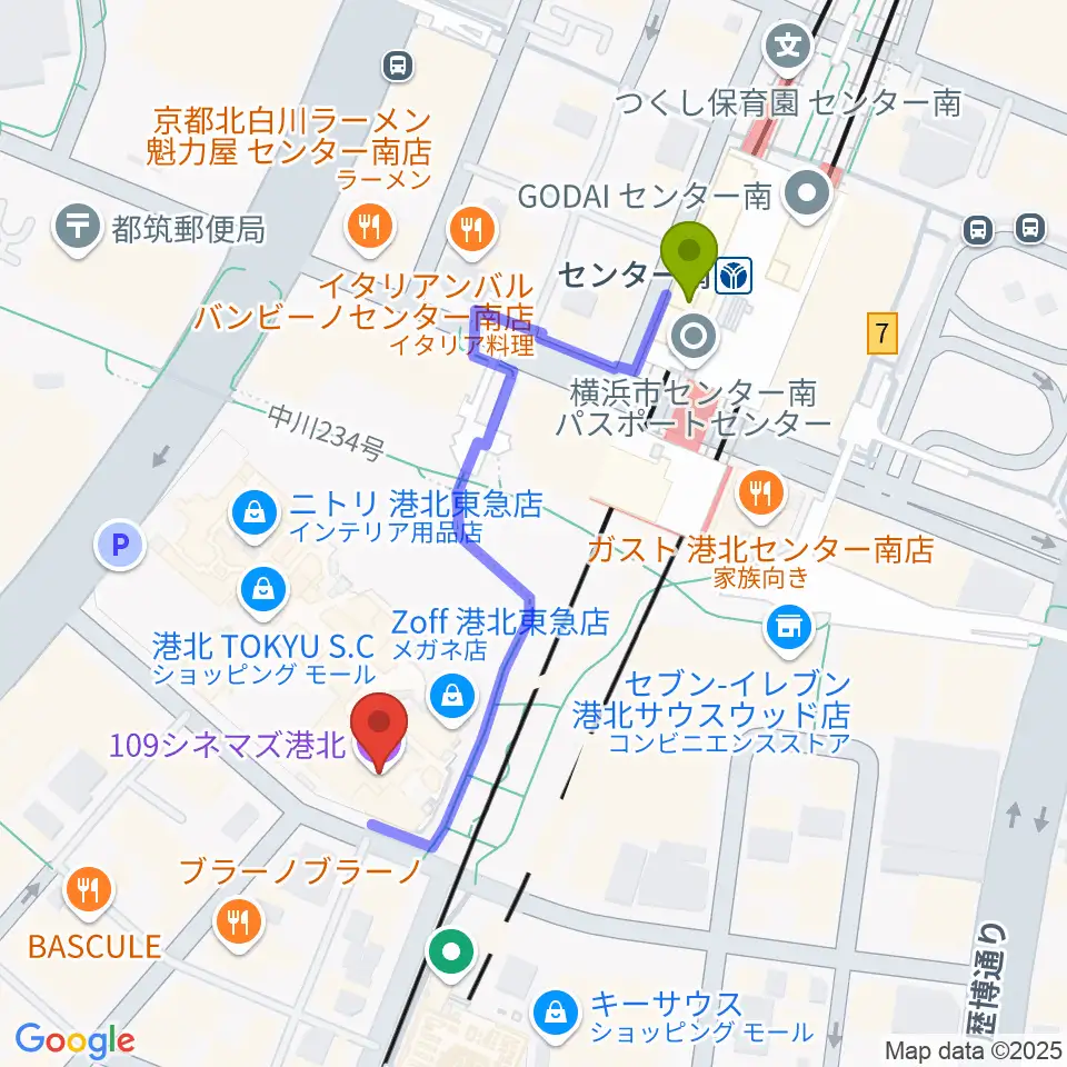 109シネマズ港北の最寄駅センター南駅からの徒歩ルート（約4分）地図