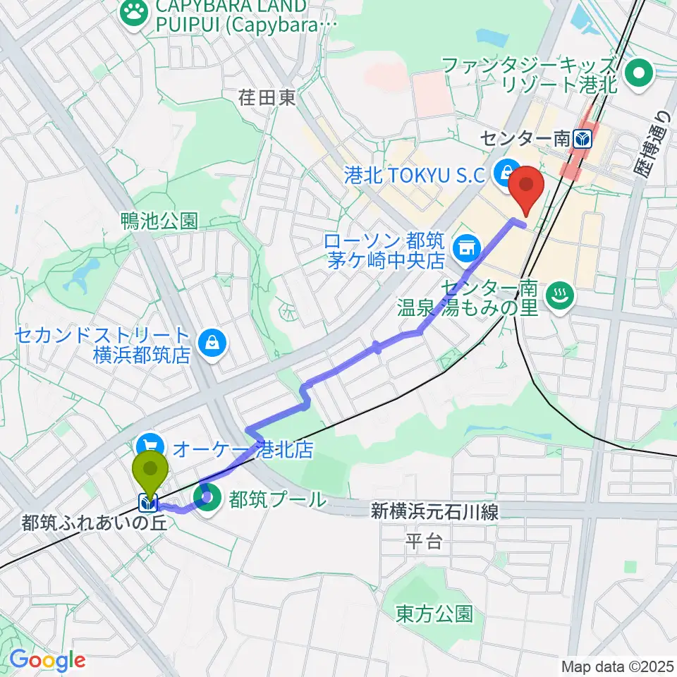 都筑ふれあいの丘駅から109シネマズ港北へのルートマップ地図