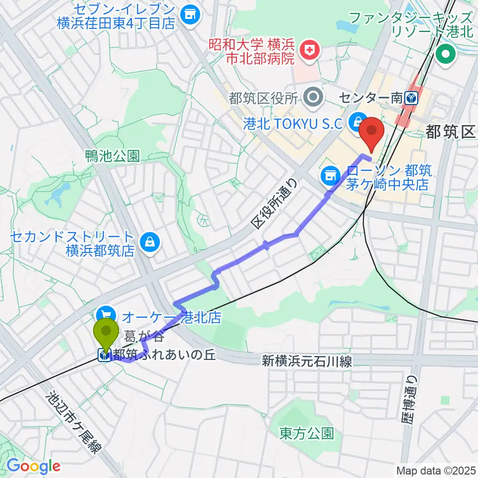 都筑ふれあいの丘駅から109シネマズ港北へのルートマップ地図