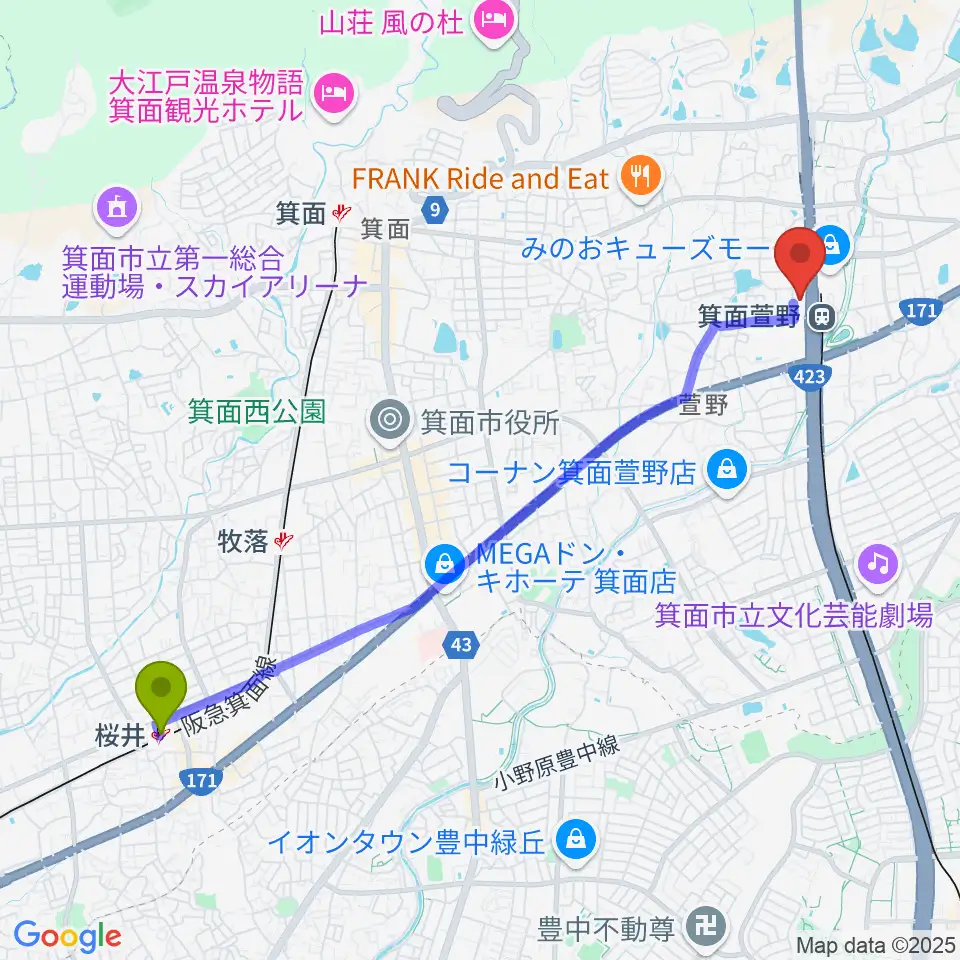 桜井駅から109シネマズ箕面へのルートマップ地図