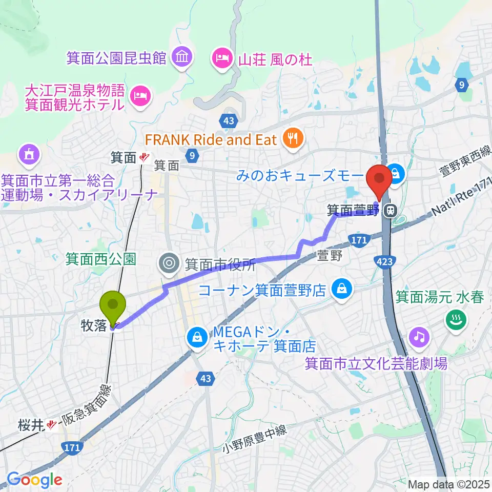 牧落駅から109シネマズ箕面へのルートマップ地図