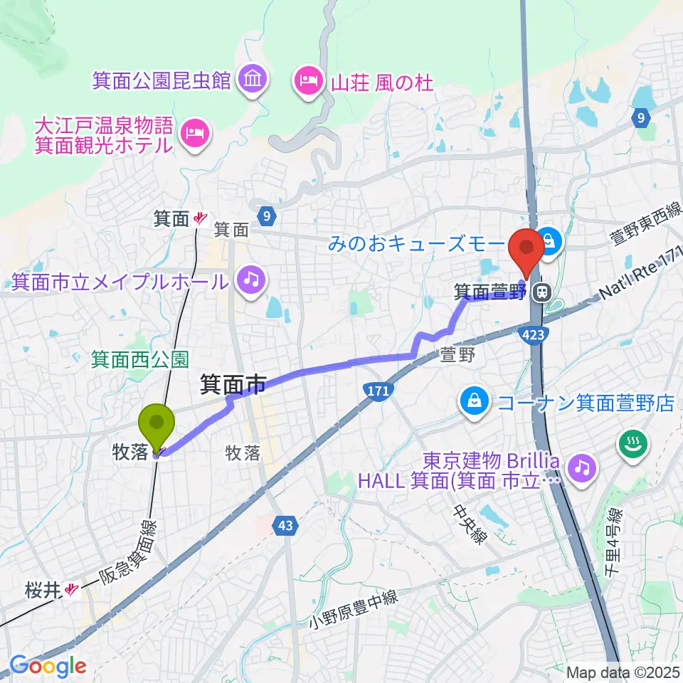 牧落駅から109シネマズ箕面へのルートマップ地図