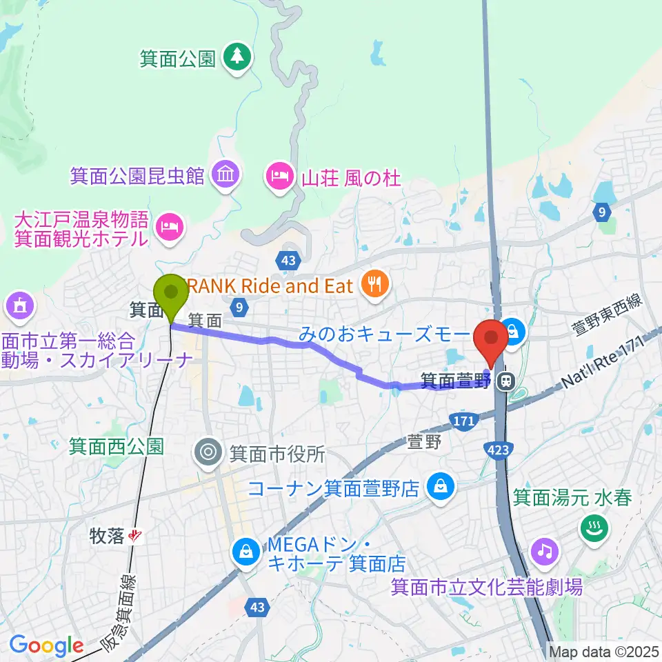 箕面駅から109シネマズ箕面へのルートマップ地図