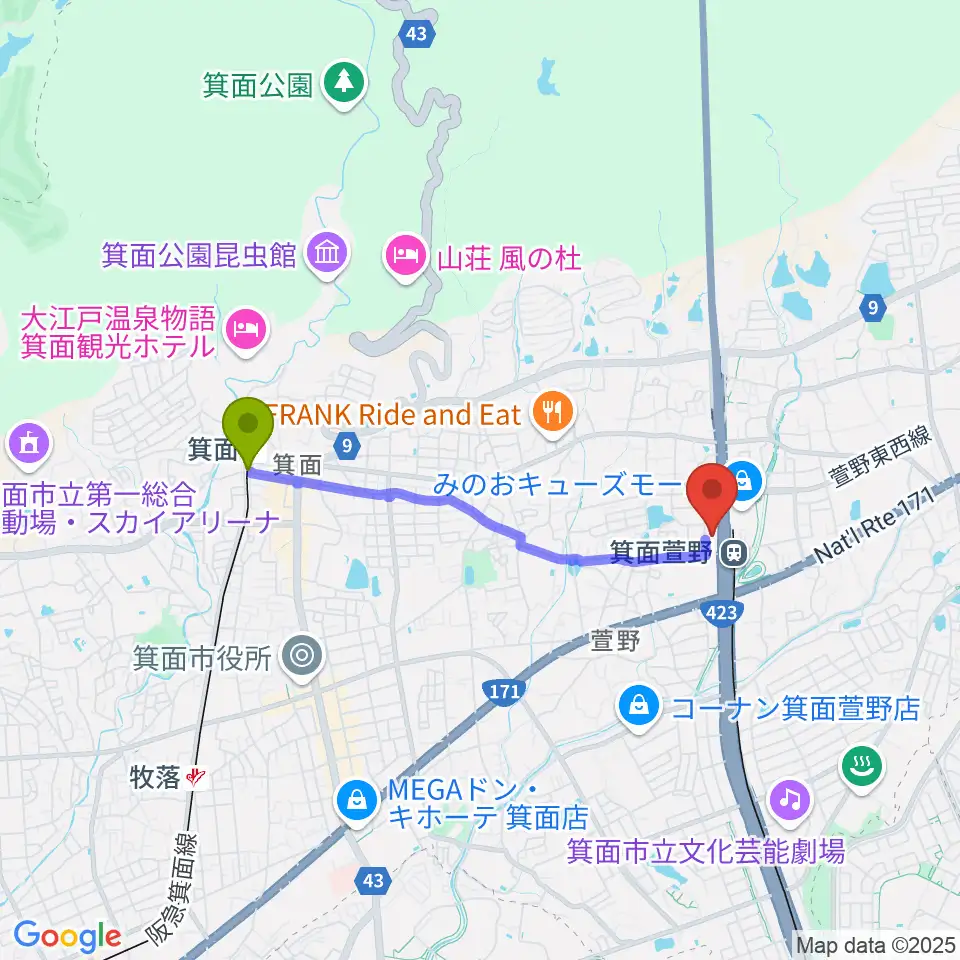 箕面駅から109シネマズ箕面へのルートマップ地図