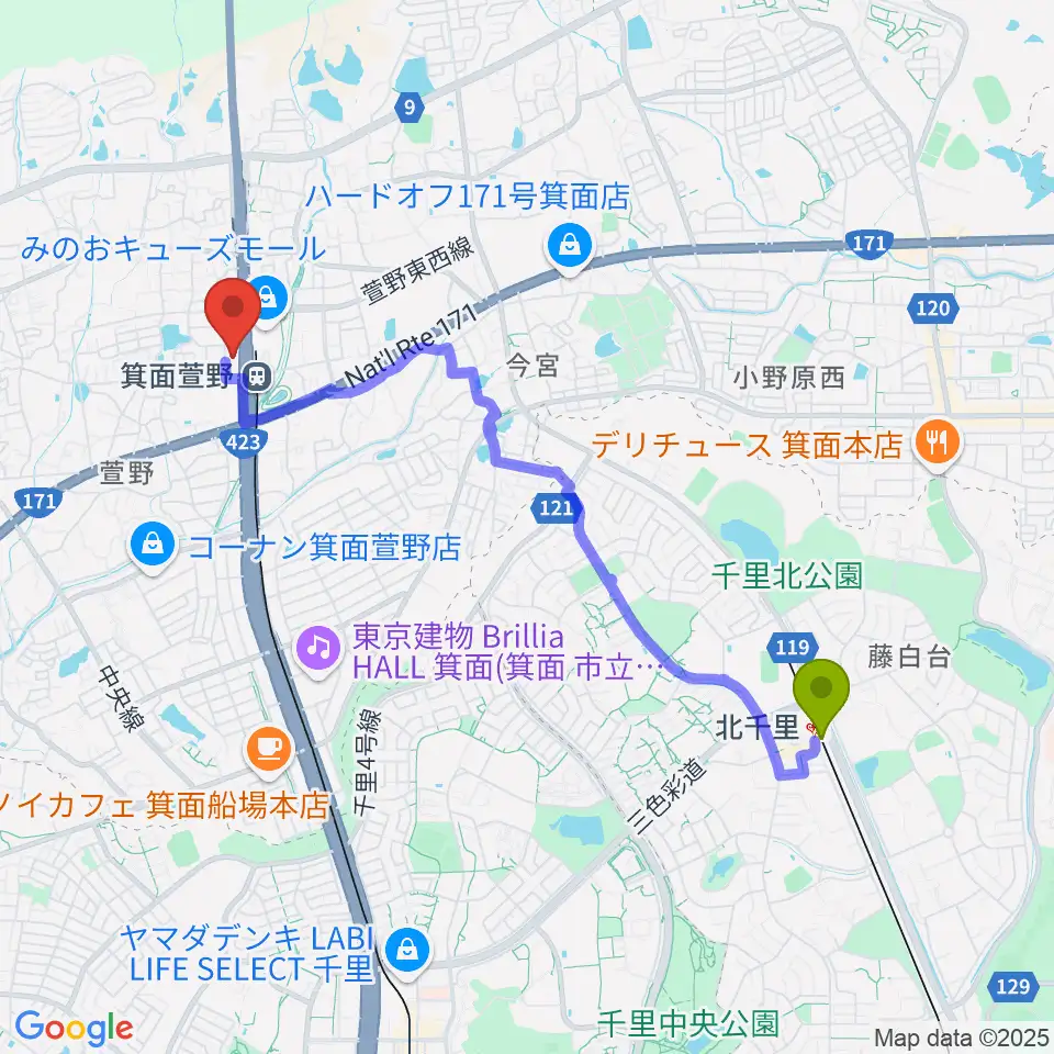 北千里駅から109シネマズ箕面へのルートマップ地図