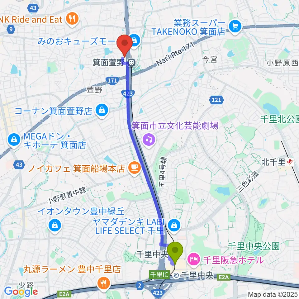 千里中央駅から109シネマズ箕面へのルートマップ地図