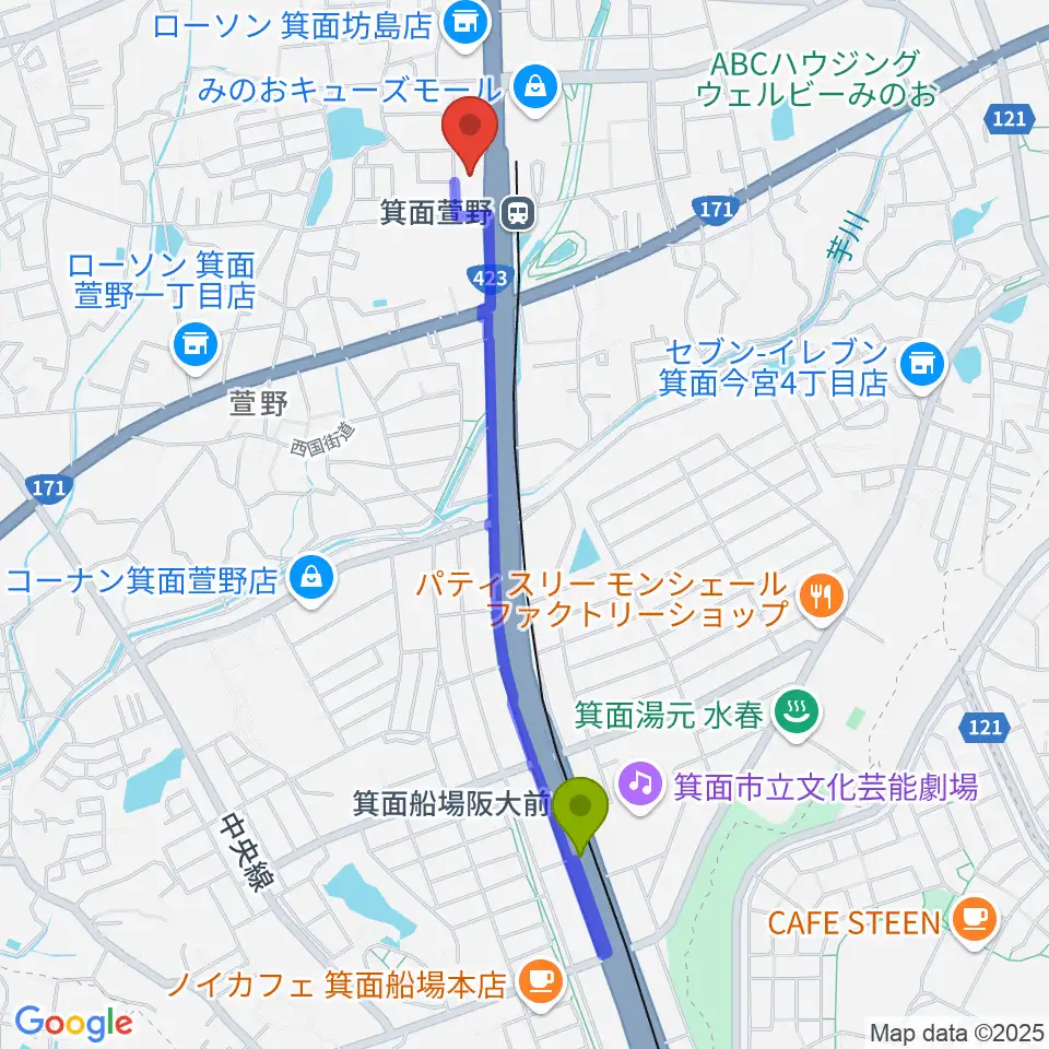 箕面船場阪大前駅から109シネマズ箕面へのルートマップ地図