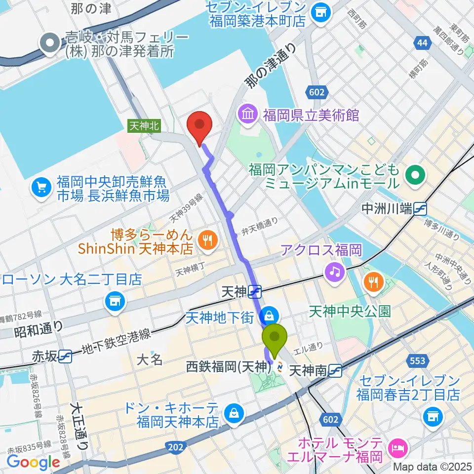 西鉄福岡（天神）駅からKBCシネマ1･2へのルートマップ地図