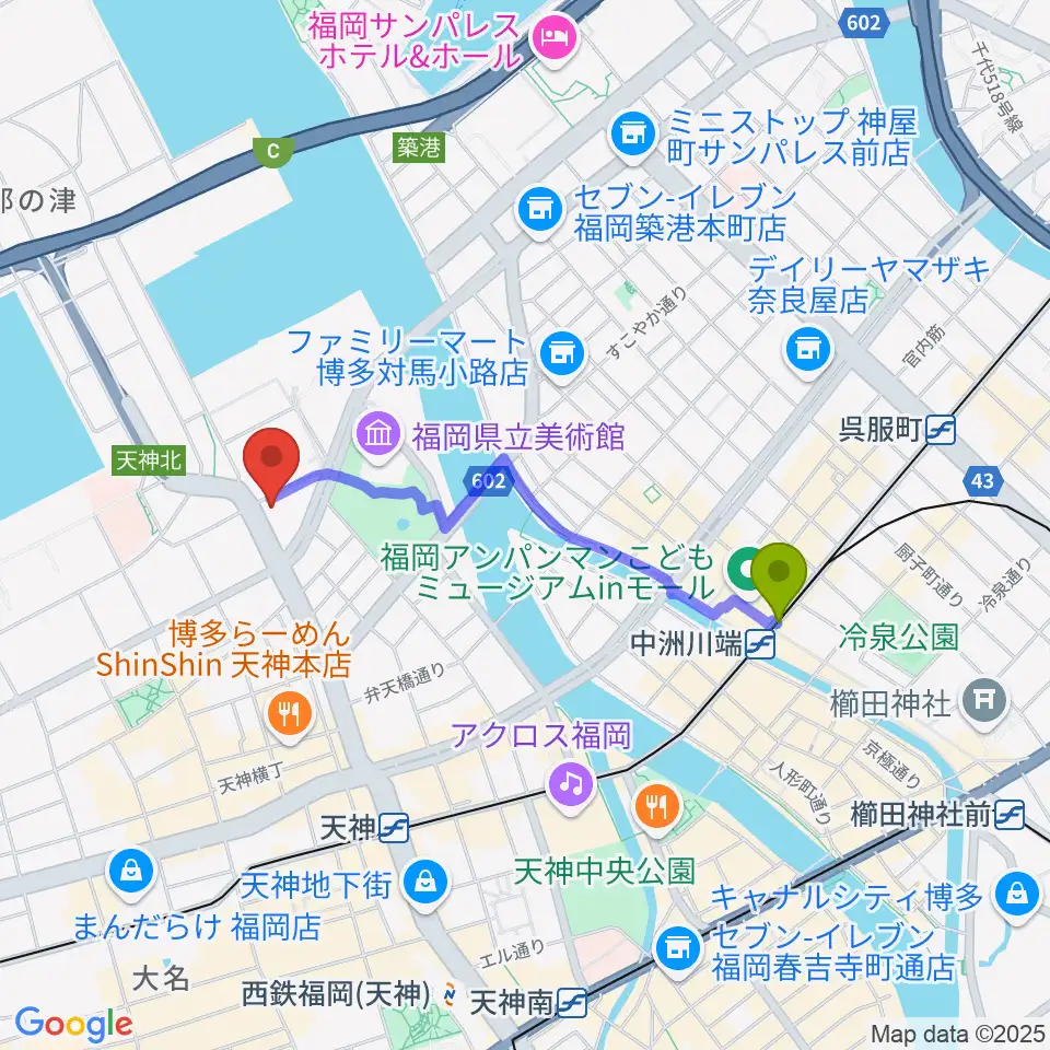 中洲川端駅からKBCシネマ1･2へのルートマップ地図