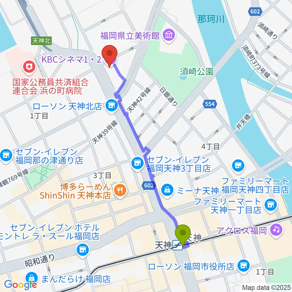 KBCシネマ1･2の最寄駅天神駅からの徒歩ルート（約11分）地図