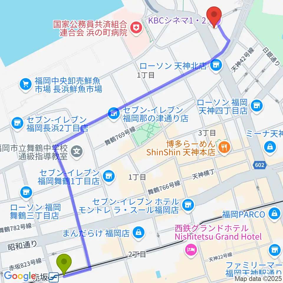 赤坂駅からKBCシネマ1･2へのルートマップ地図