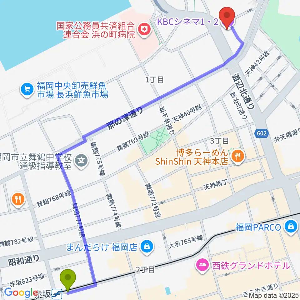 赤坂駅からKBCシネマ1･2へのルートマップ地図