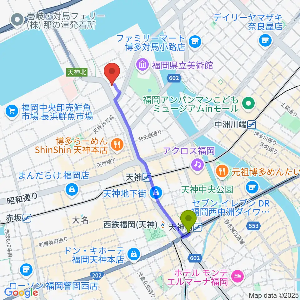 天神南駅からKBCシネマ1･2へのルートマップ地図