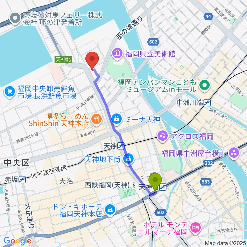 天神南駅からKBCシネマ1･2へのルートマップ地図