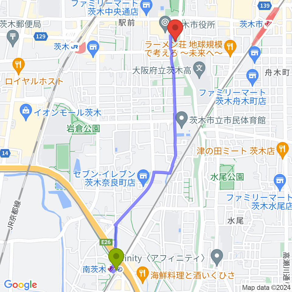 南茨木駅からおにクル 茨木市文化子育て複合施設へのルートマップ地図