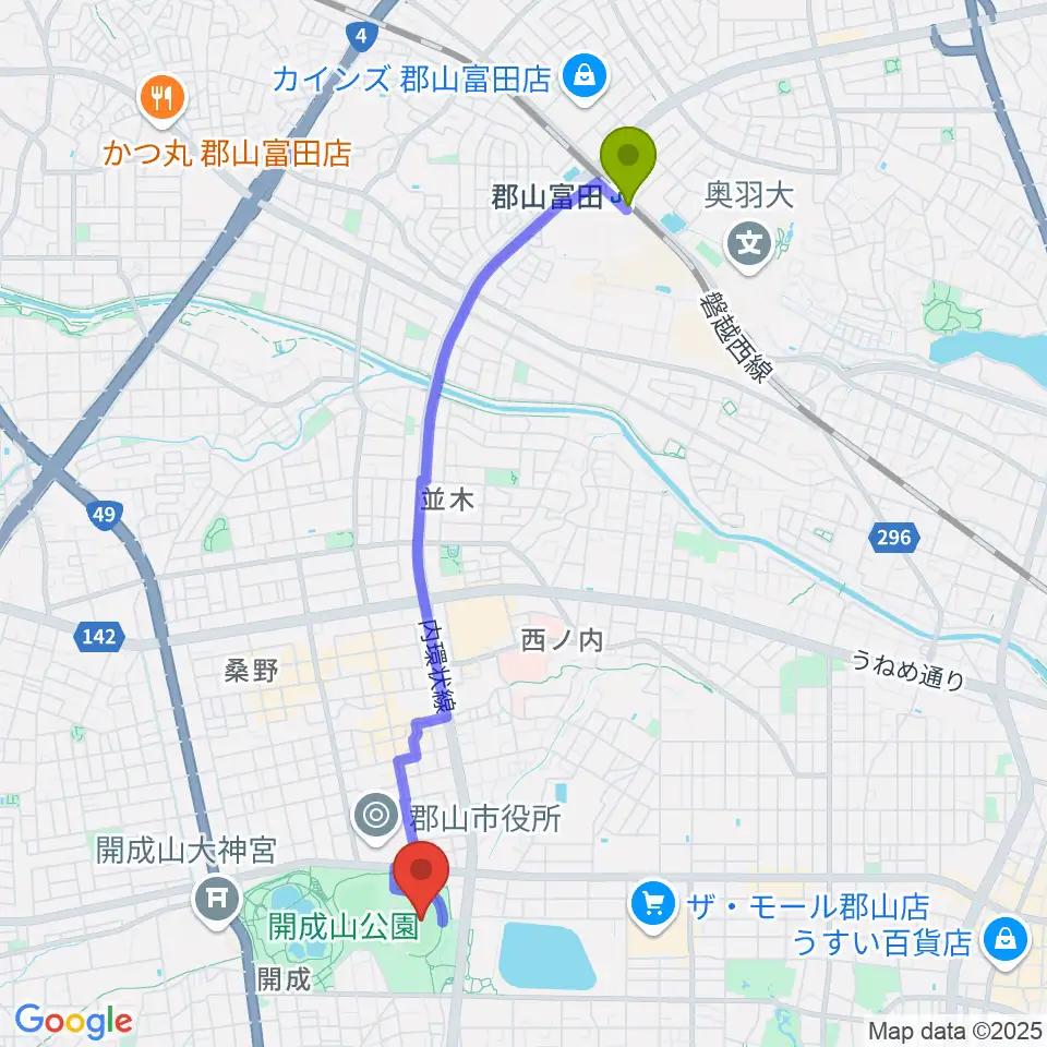 郡山富田駅から郡山ヒロセ開成山陸上競技場へのルートマップ地図