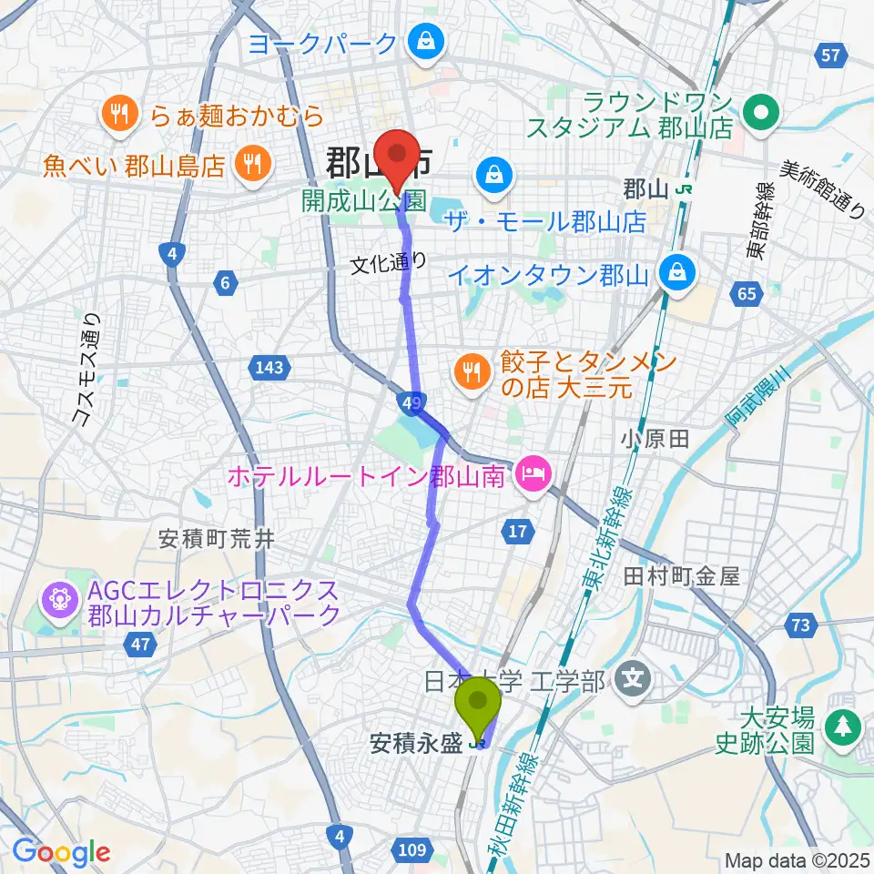 安積永盛駅から郡山ヒロセ開成山陸上競技場へのルートマップ地図