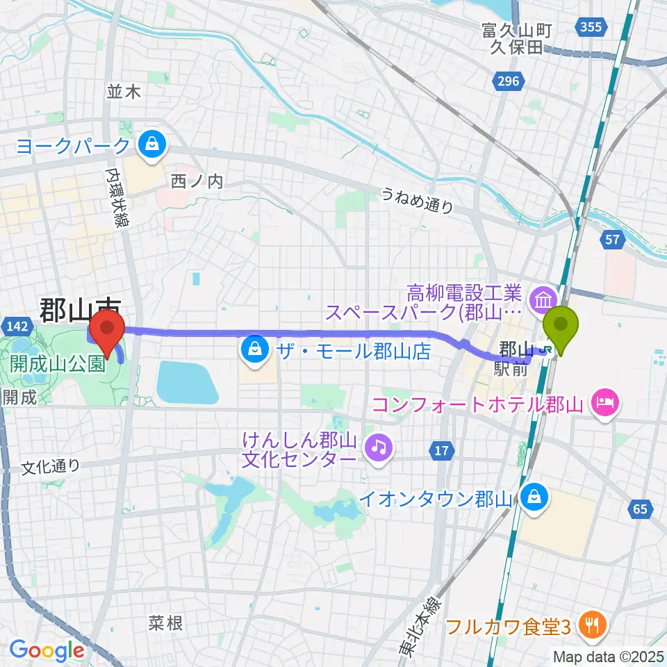 郡山ヒロセ開成山陸上競技場の最寄駅郡山駅からの徒歩ルート（約41分）地図
