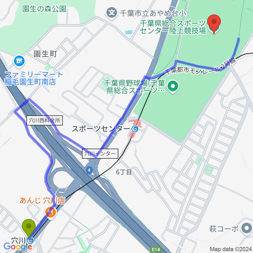 穴川駅から千葉県総合スポーツセンター陸上競技場へのルートマップ地図